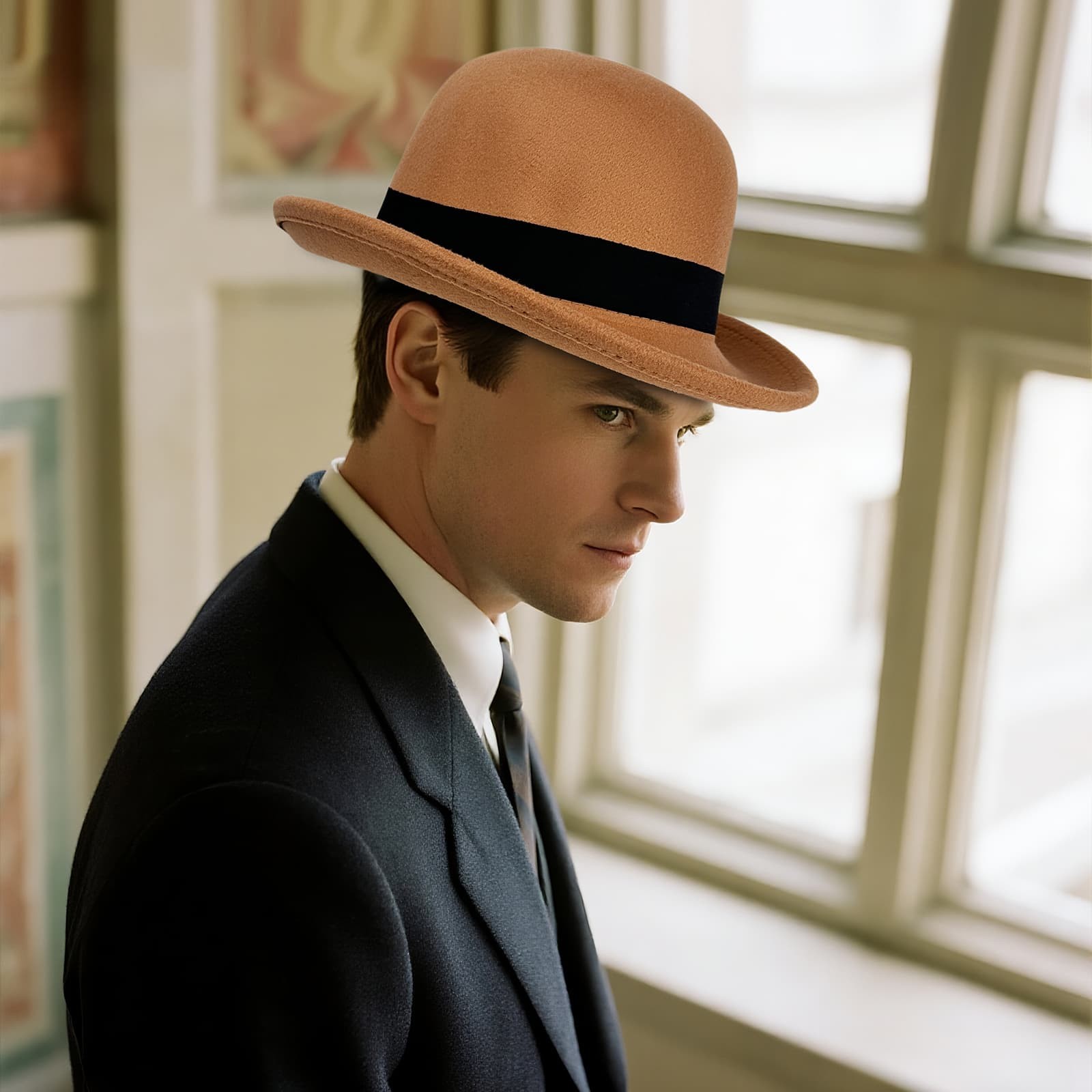 Men Retro Elegant Bowler Hat Short Brim with Hat Band for Formal Casual Wedding