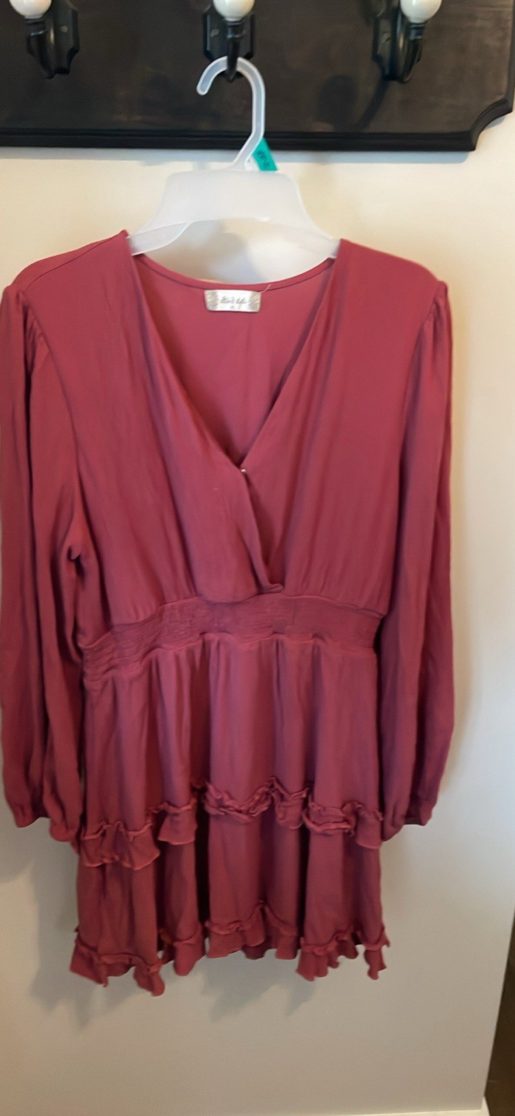 Altar’d State Women’s XL Burgundy Solid V-Neck Long Sleeve Ruffle Dress