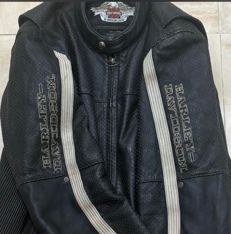 Harley-Davidson Perforated Genuine Leather Moto Jacket XXL Black White Stripe