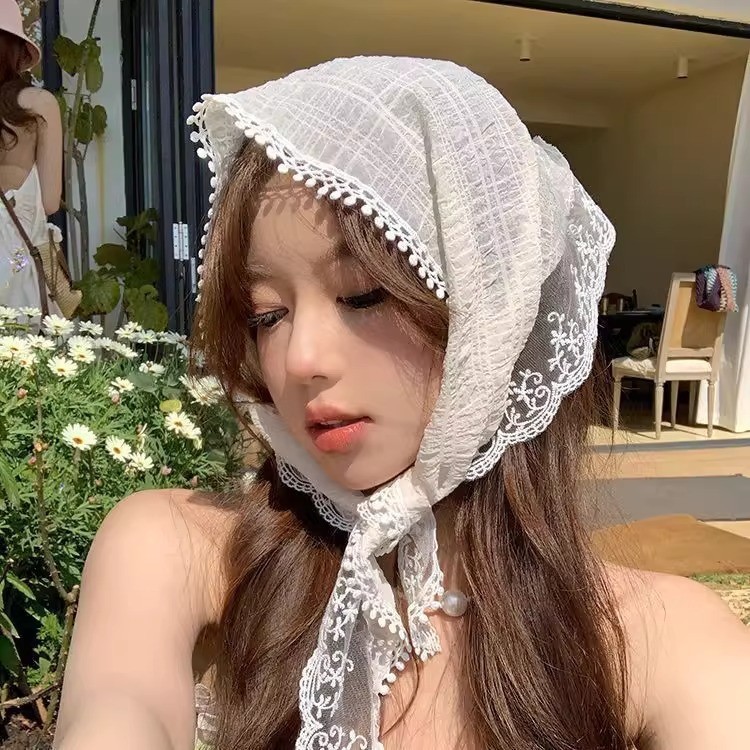 French Lace Triangle Head Scarf – Retro Hair Wrap ,Lightweight Summer Headband