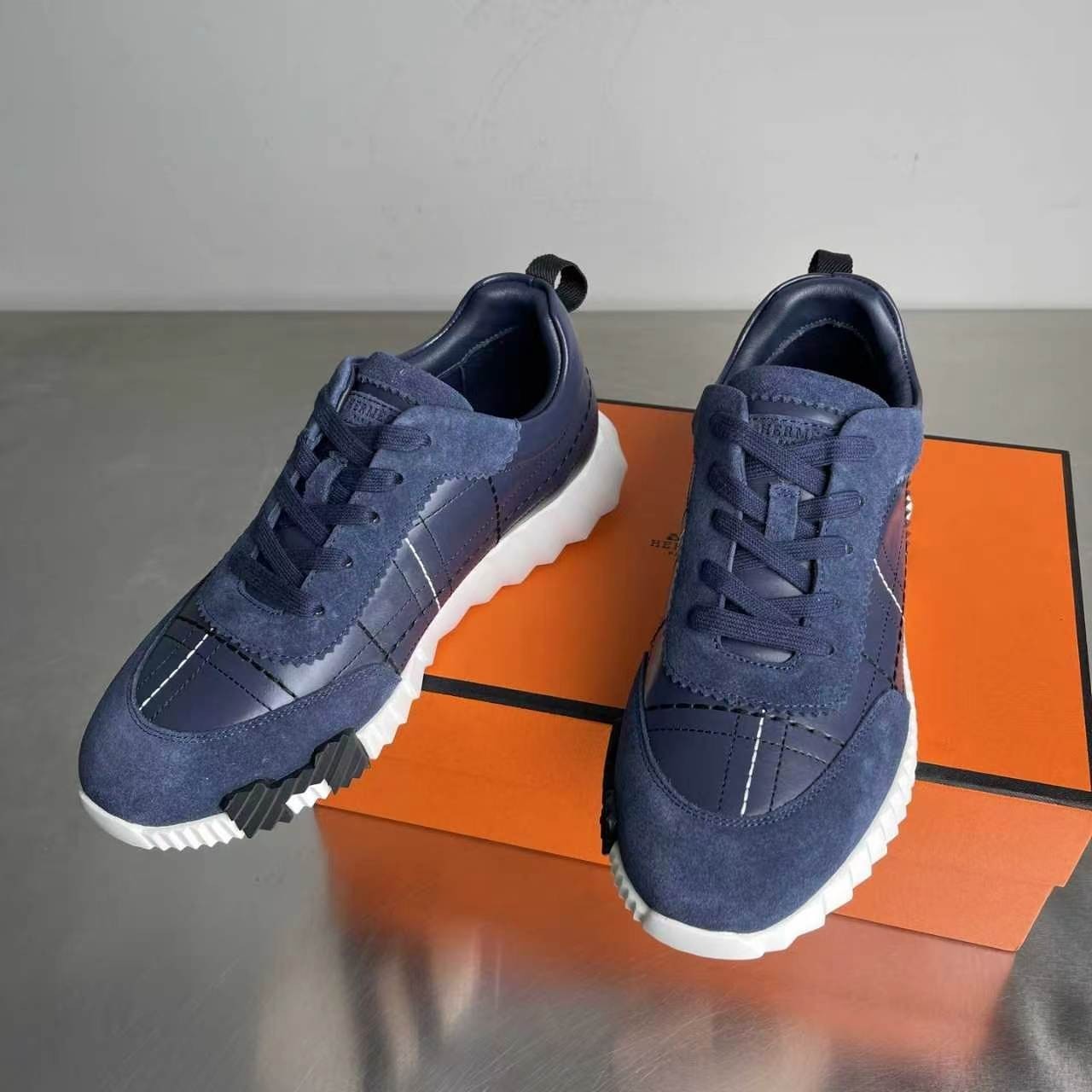 Hermes Bouncing Sneakers Navy Blue Leather Suede Men’s Low Top Trainers