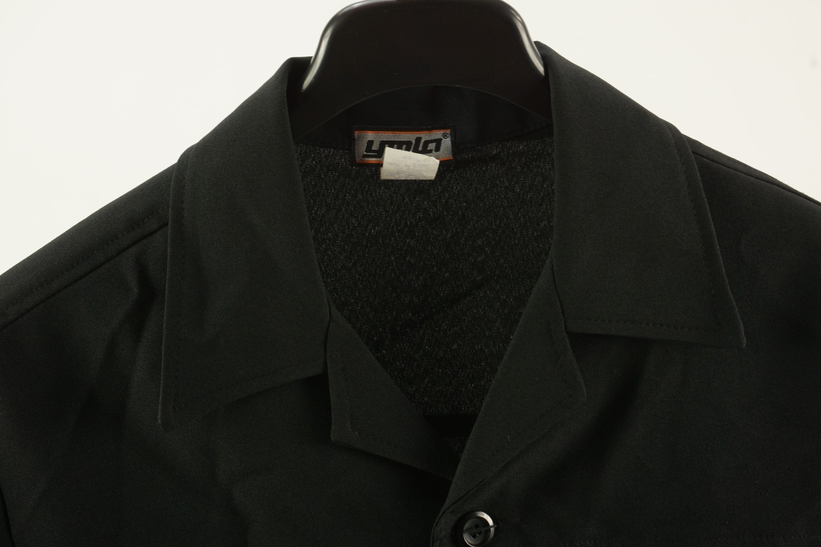 Vintage 1980s YMLA Open Collar Camp Shirt Jacket Mens Medium Black Woven Stretch