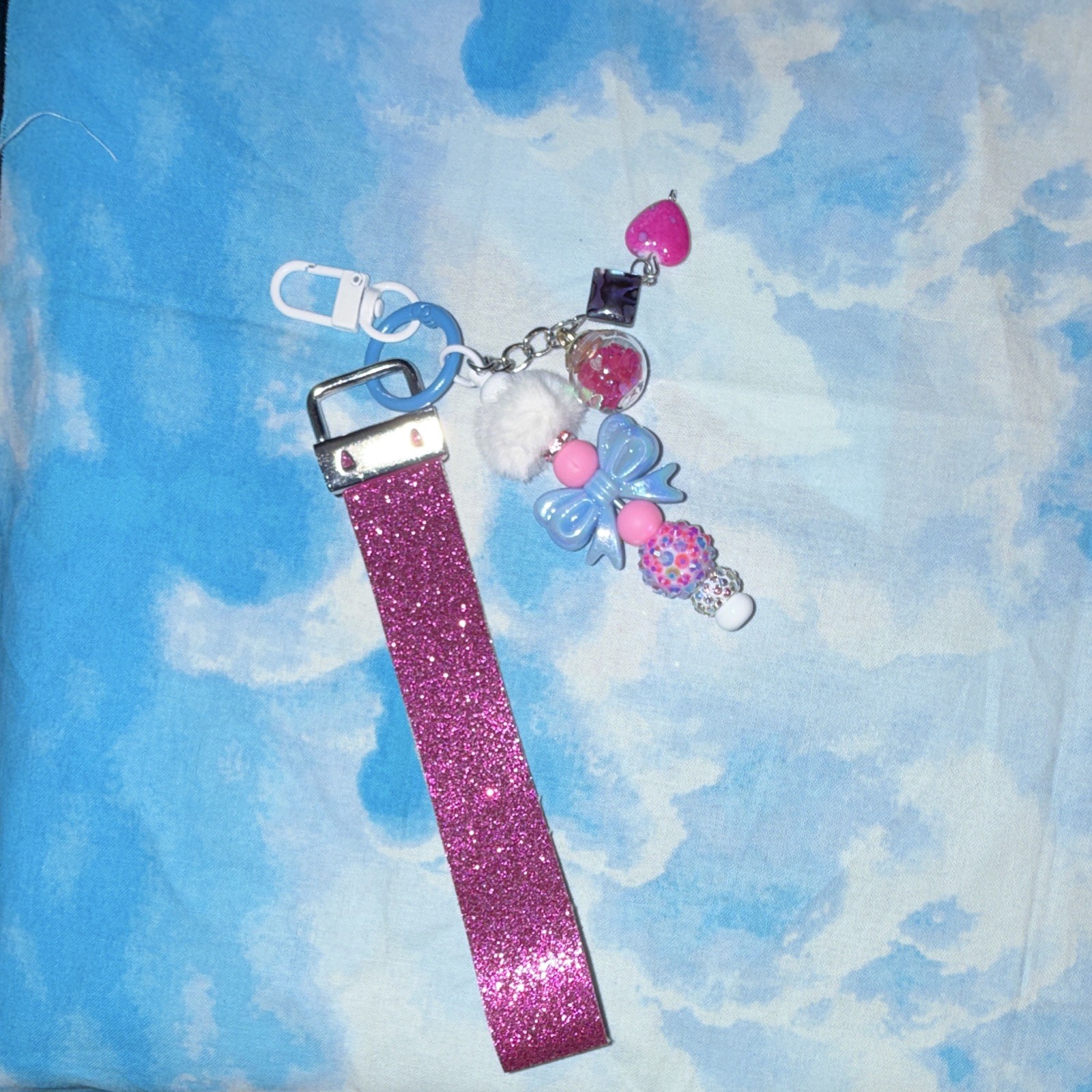 Pink Glitter Wristlet Strap Key Chain/Bag Charm w/Blue Bow Heart Beads Pom Pom