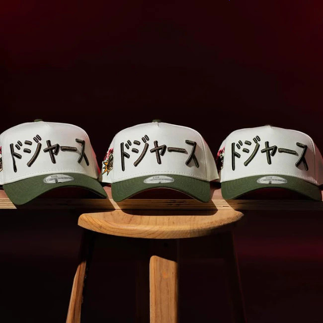 LA Dodgers Japanese Katakana Hat Cream Olive Green Two Tone Baseball Cap