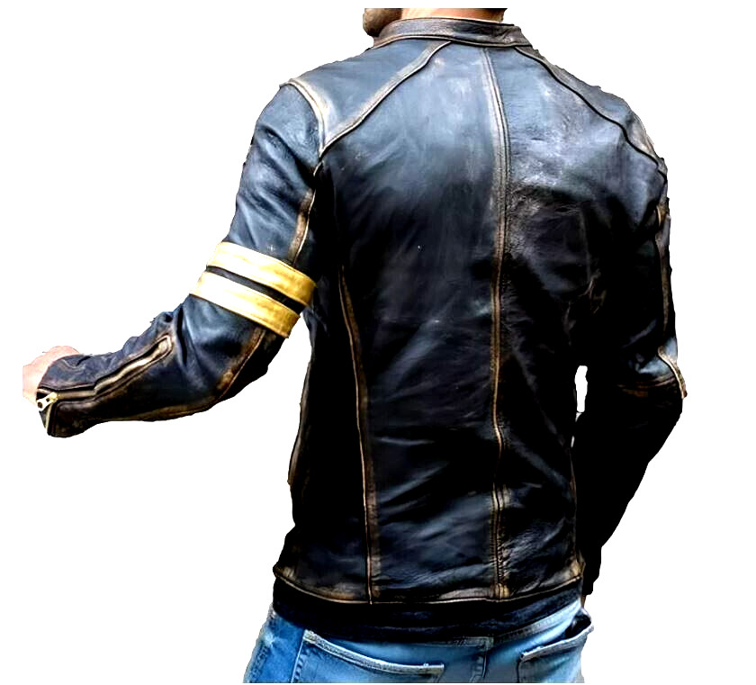 Men’s Leather Jacket Motorcycle Distressed Café Racer Black Genuine Lambskin