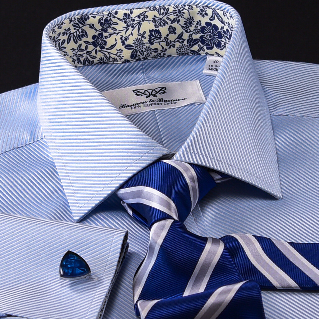 Elegant Blue Twill Double Ply 80’s Fine Wevon Formal Business Shirts Floral Inne