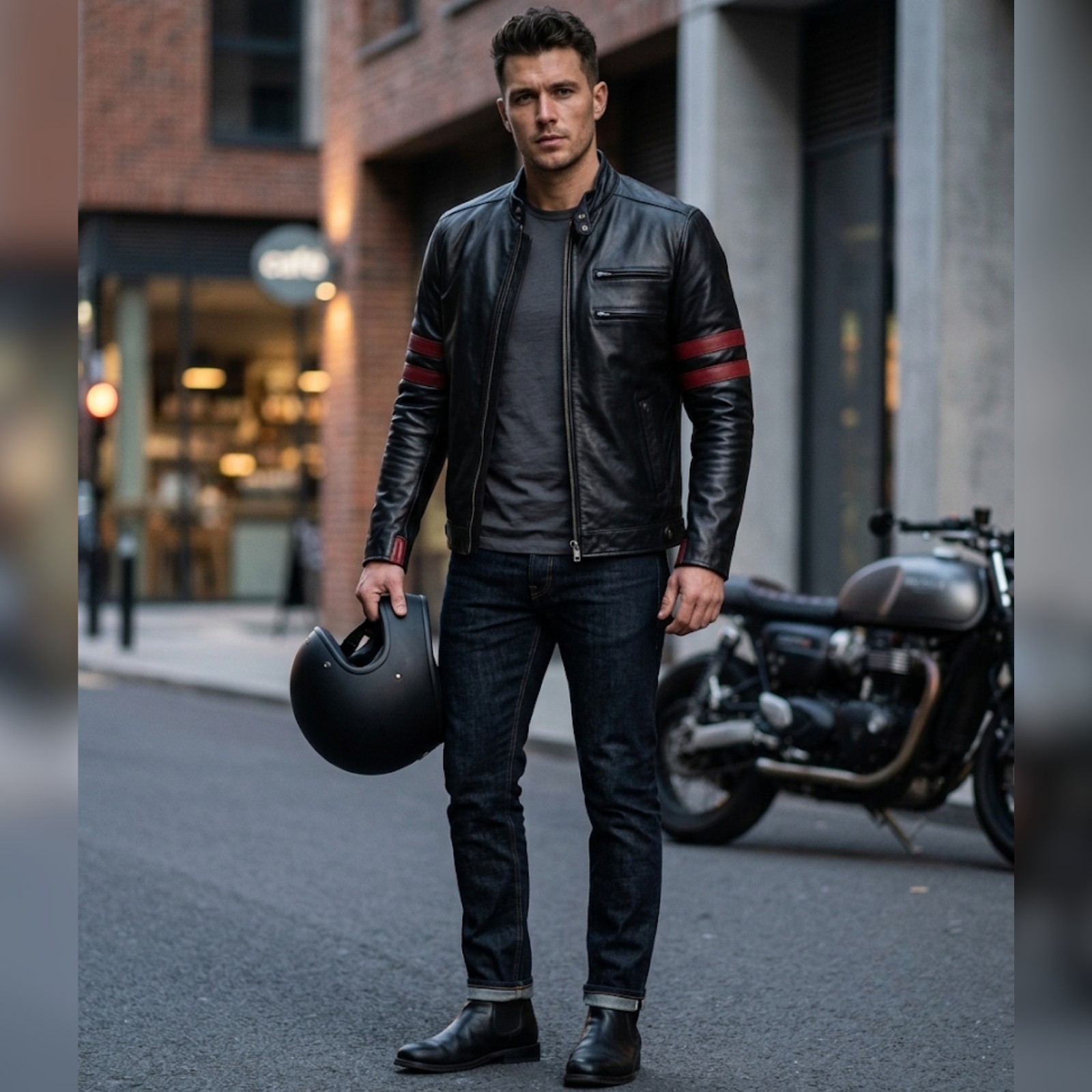 Men’s Black Leather Biker Jacket Red Stripe Cafe Racer Moto Slim Fit Genuine