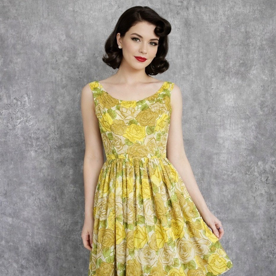Vintage 50s 60s Melinda California Yellow Rose Floral Sundress Fit Flare Flirty