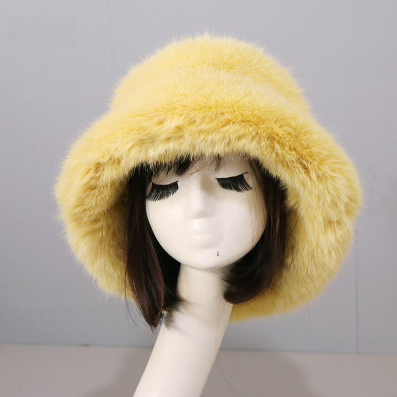 Women’s Fuzzy Bucket Hat Winter Fluffy Furry Plush Faux Fur Hats Fisherman Cap