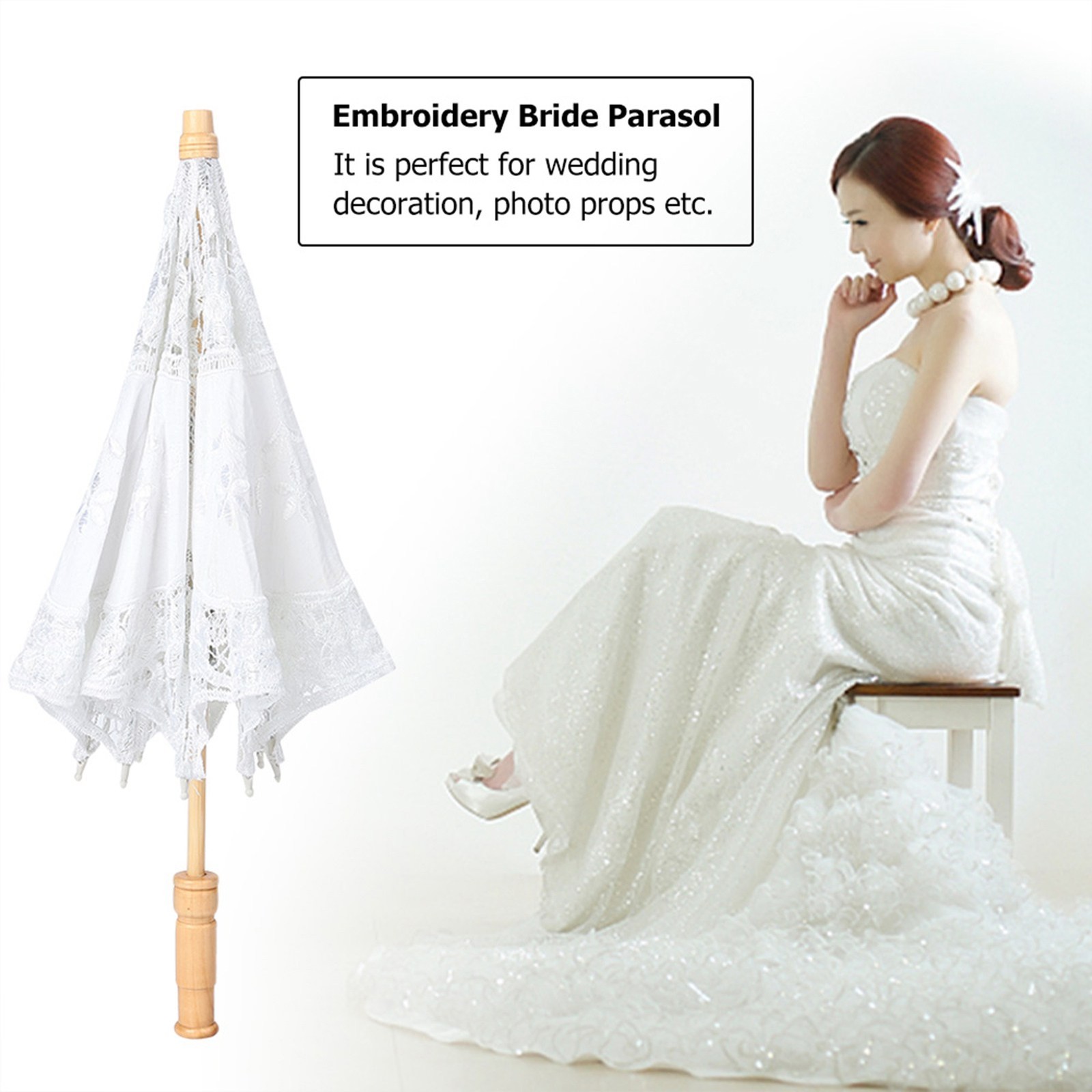 Handmade Lace Flower Embroidery Parasol Wedding Bride Photography Umbrella White