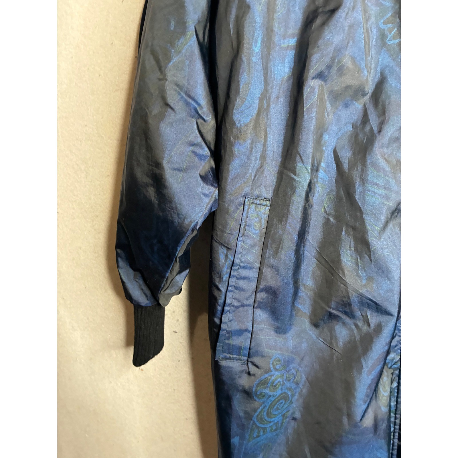 Monica Gray Vintage Blue Paisley Iridescent Hooded Parka Jacket Womens Medium