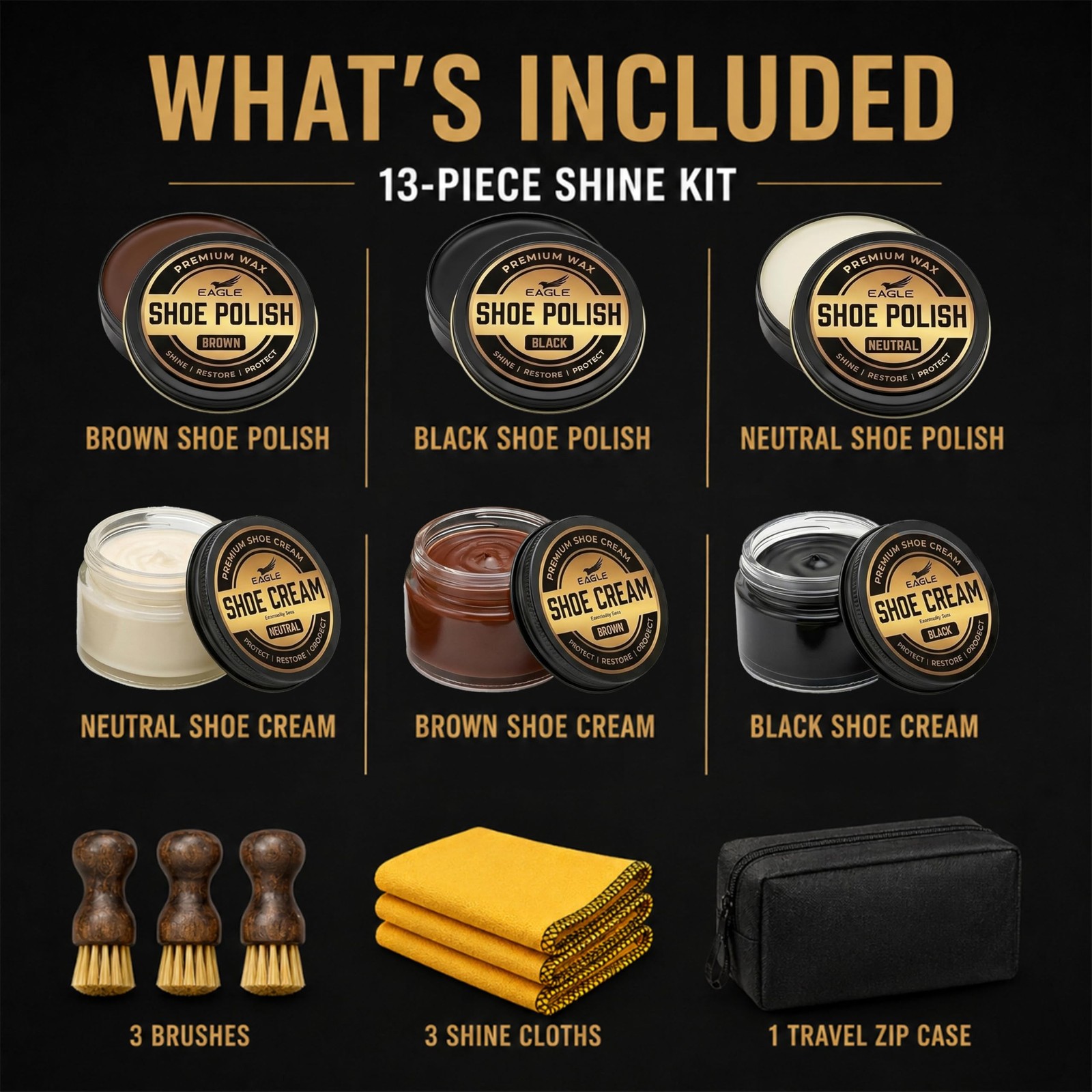 Eagle 13-Piece Shoe Polish Kit – Black, Brown & Neutral Shoe Wax & Boot Cr