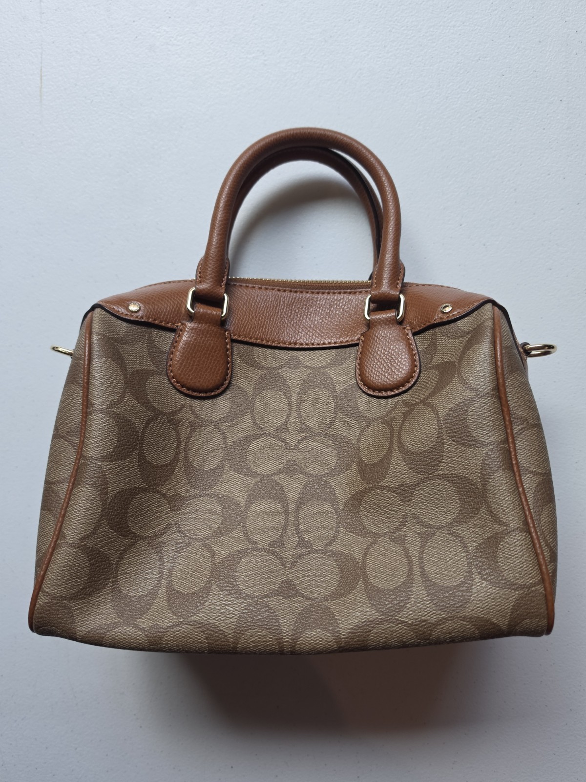 Coach Signature Zip Top Satchel Brown/Tan Gold Hardware Detachable Strap Charm