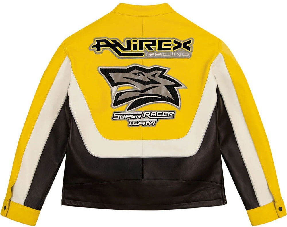 Avirex Racing Leather Jacket Men Super Racer Team Lone Wolf Biker Coat Yellow