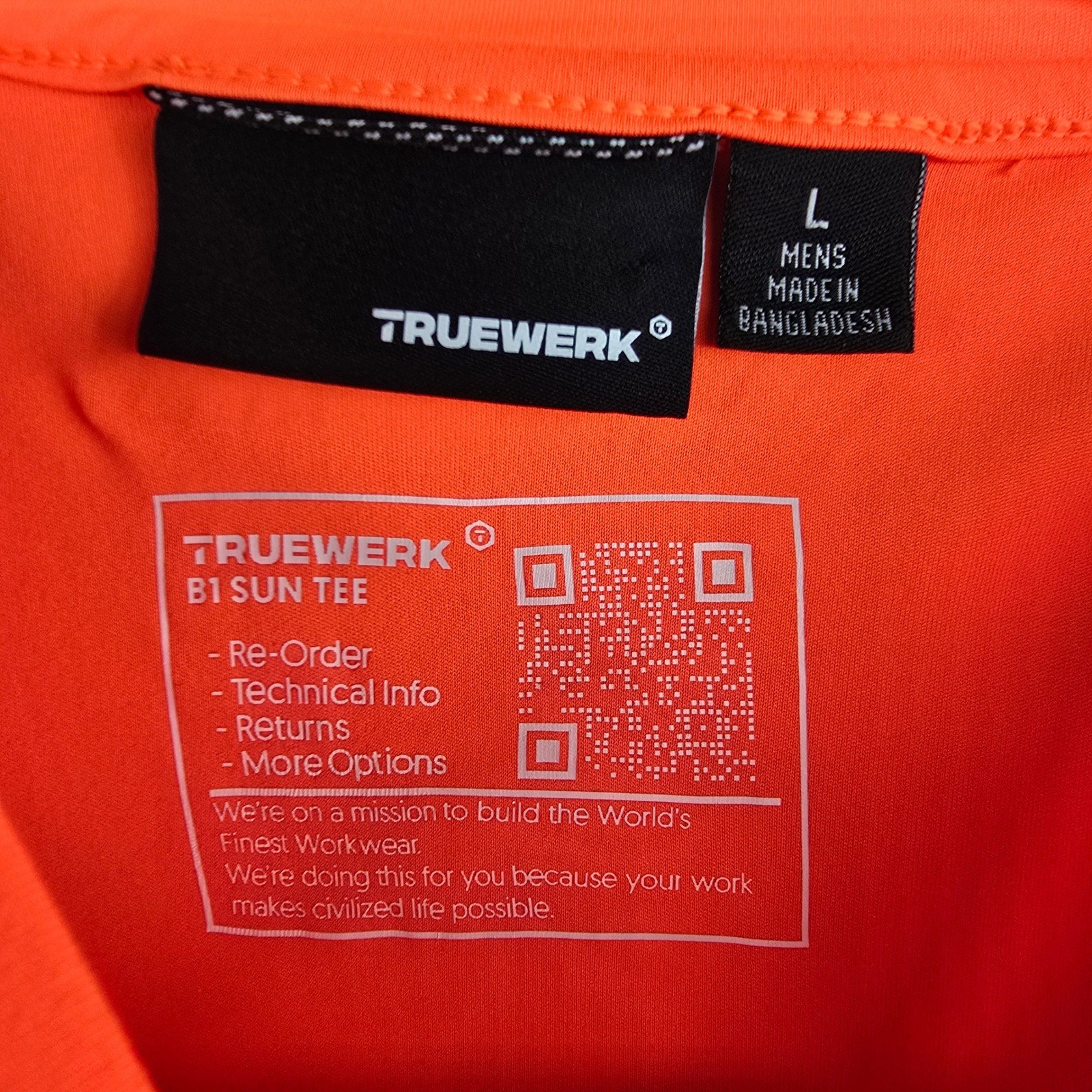 TRUEWERK B1 SIN TEE Mens Orange Short Sleeve Sun Tee Workwear Size LARGE NEW