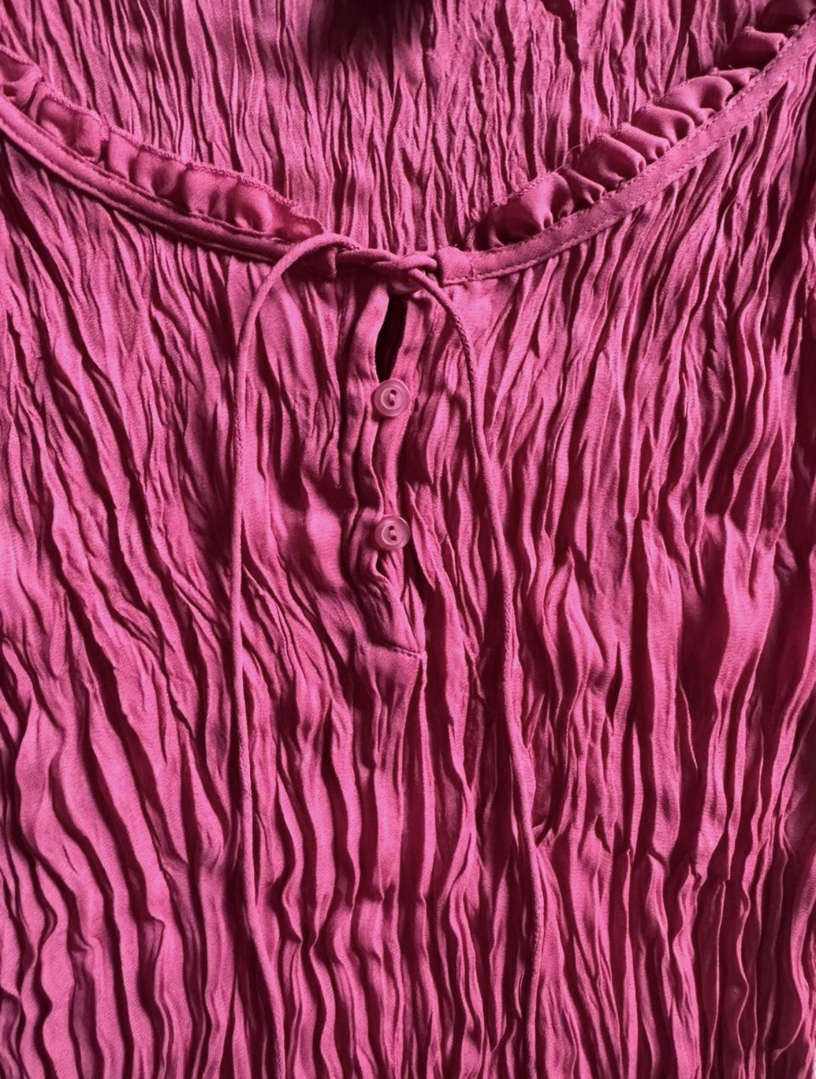 Sammy Taylor Pink Ruched Buttoned Blouse with Ruffled Trim in Petite Large
