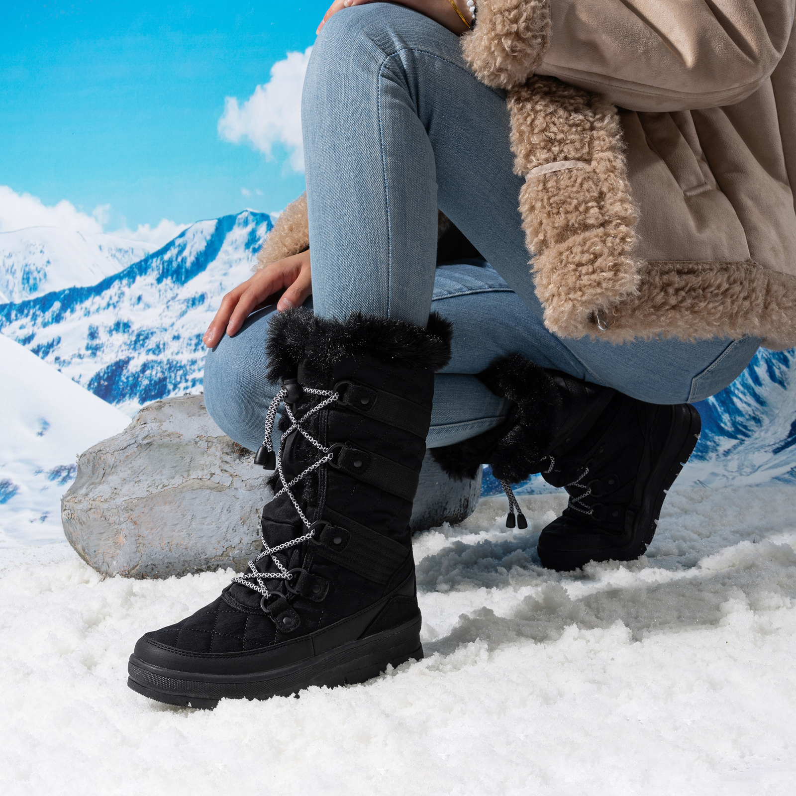 Women Snow Boots Classic Fur Lined Lace up Mid Calf Outdoor Indoor Ski Boots
