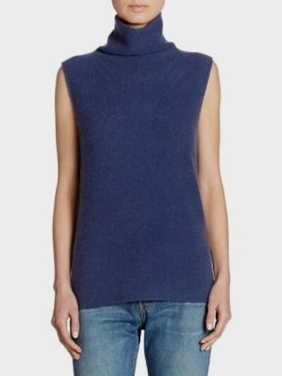 VINCE Blue Side Slit 100% Cashmere Sleeveless Turtleneck Sweater in Ink S $320