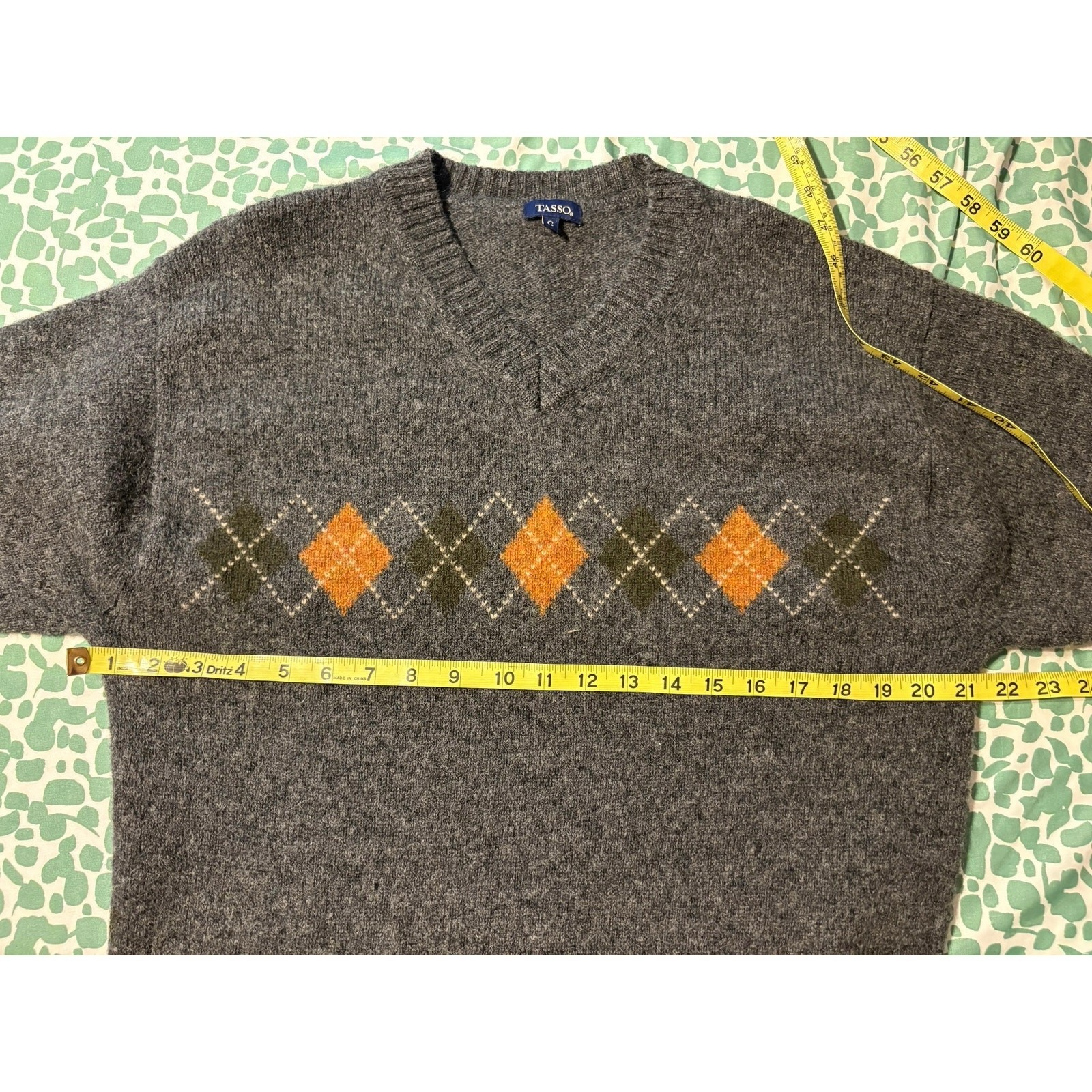 Vintage Tasso 100% Wool Argyle Sweater European Large Charcoal Grey Orange