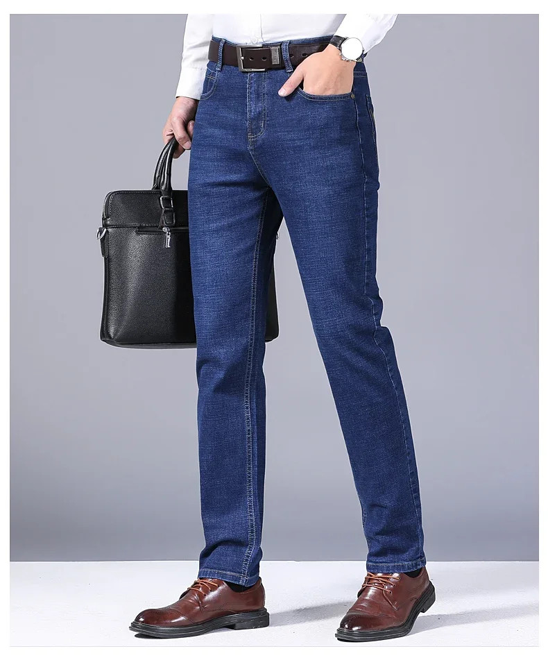 Men’s Casual Straight Leg Jeans Soft Stretch Denim Zipper Fly Blue Black Pants