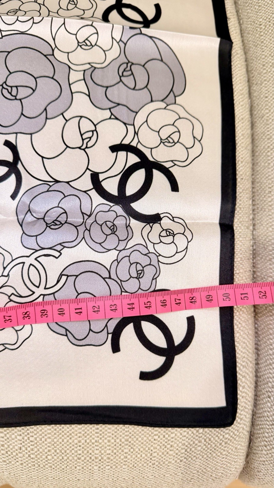Chanel Camellia CC Logo Silk Scarf Square Black White Gray Floral