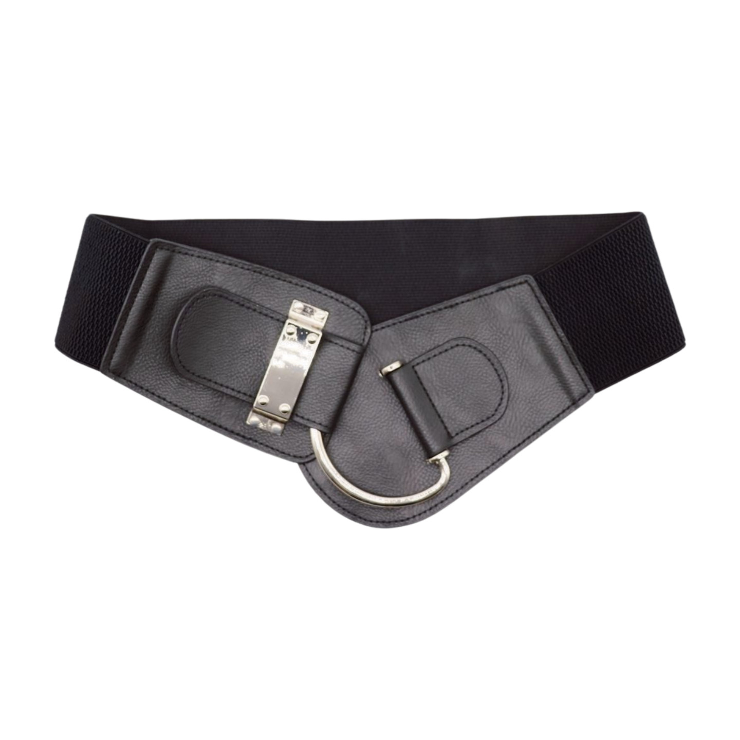 Women Black Wide Elastic Fashion Hip Waist Belt SILVER Metal Hook Buckle Fit S M