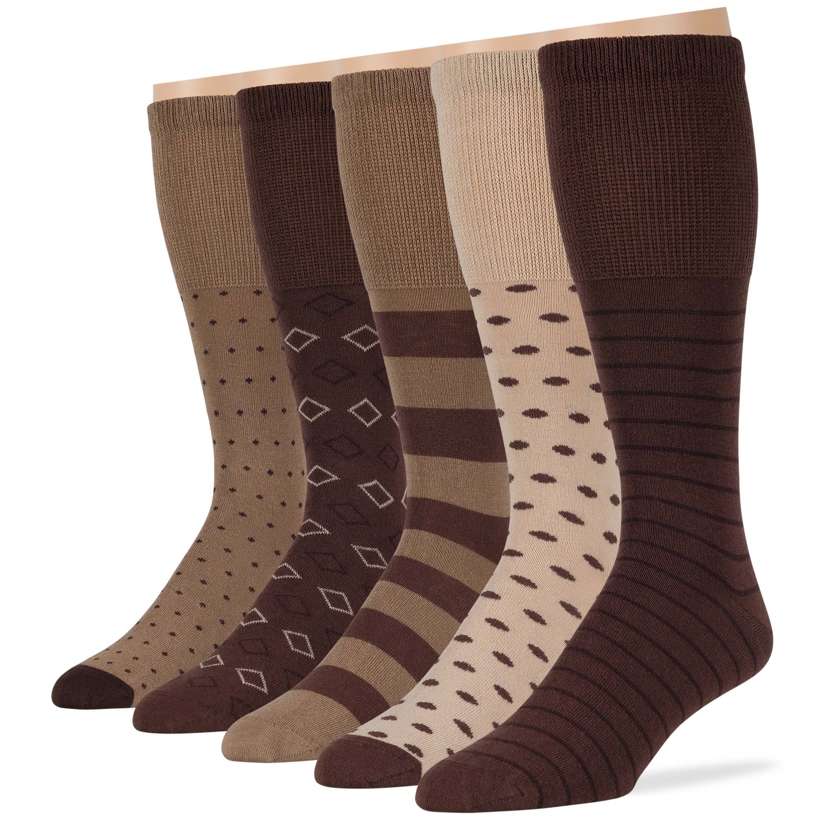 Men Diabetic Wide Cotton Mid-Calf Soft Socks 5 Pack-Large-Stripe Dot Brown Beige