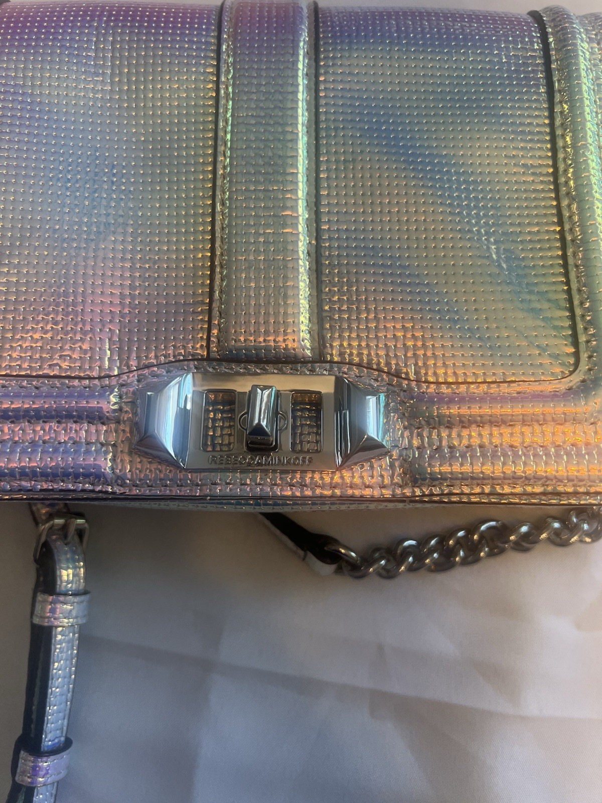 Rebecca Minkoff Iridescent Silver Crossbody Bag Turn Lock Chain Strap Detach