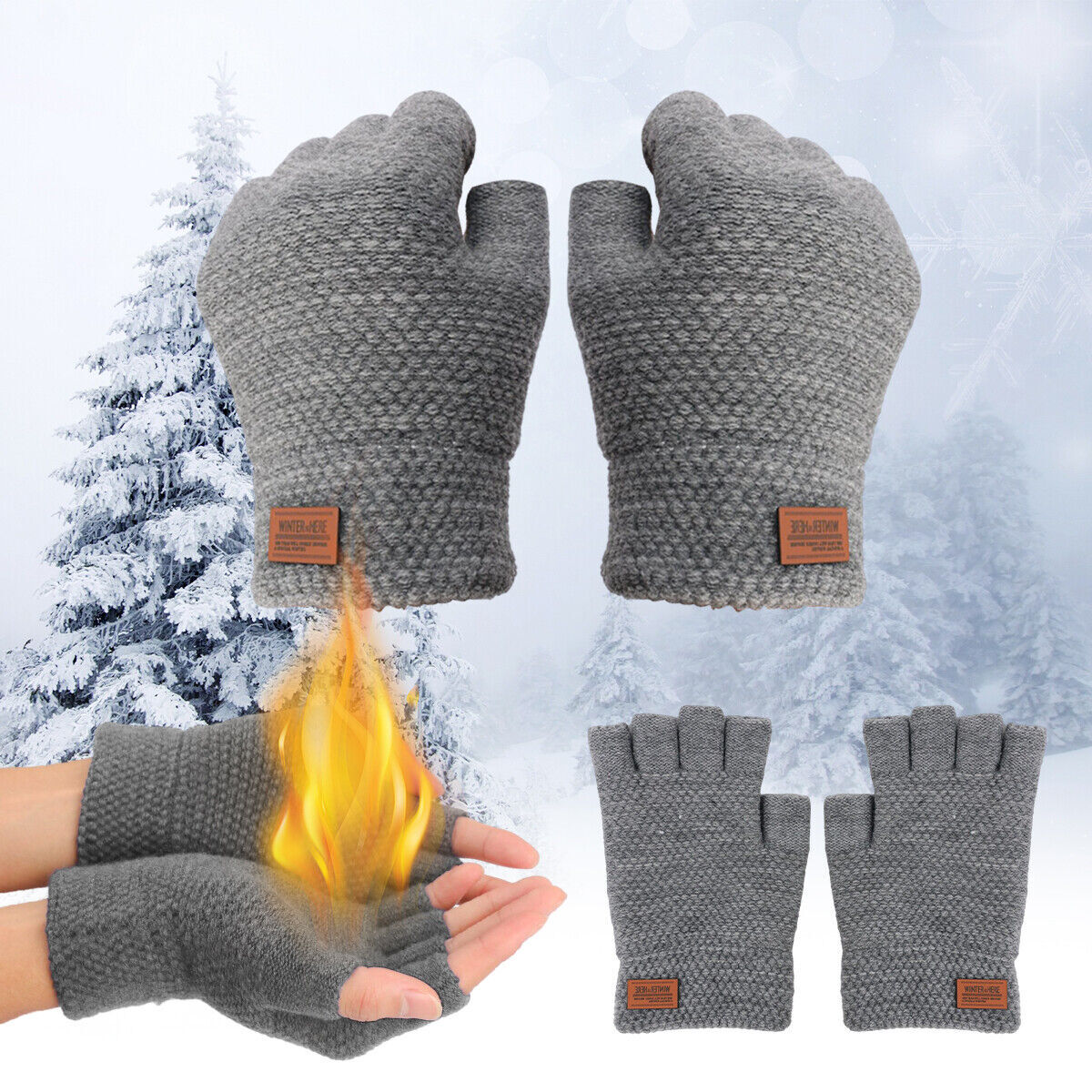 Winter Alpaca Wool Fingerless Gloves Thermal Men Knitted Half Finger Mitten
