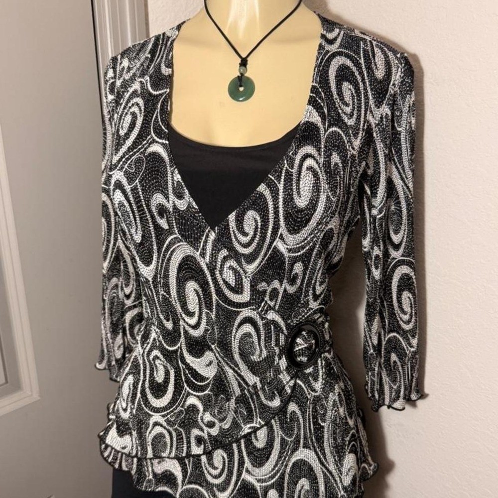 Y2K Notations black & white swirl print wrap top with ruffle hem