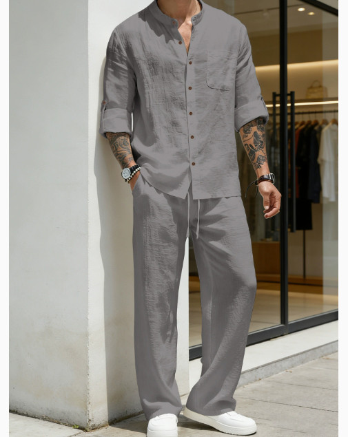 Mens 2-Piece Linen Blend Outfit Set Long Sleeve Henley Shirt and Pants Casual