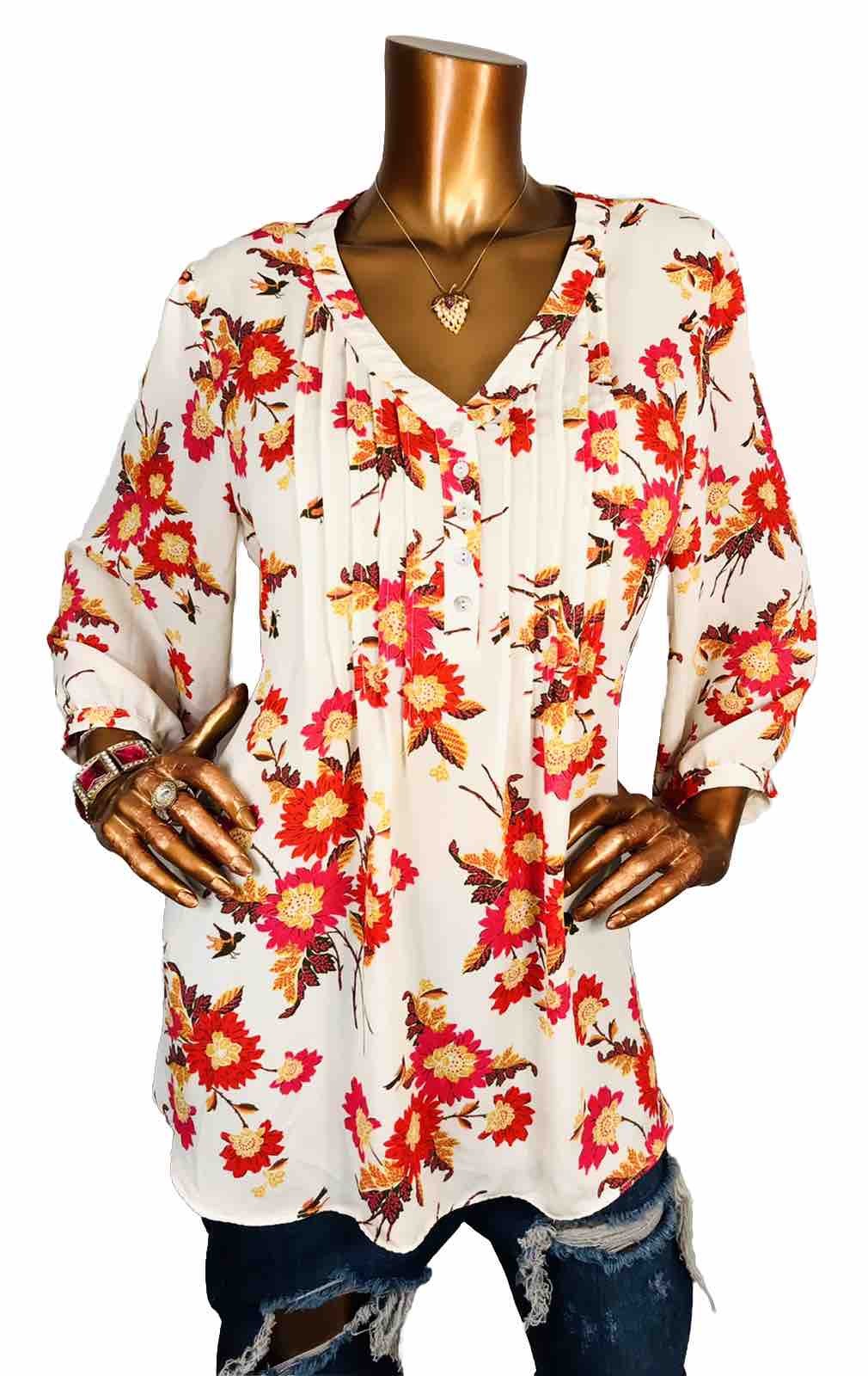 Rose + Olive 1X Plus Top Floral Fall Prints Low V Cut 1/2 Button Up Shirt 3/4 Sl