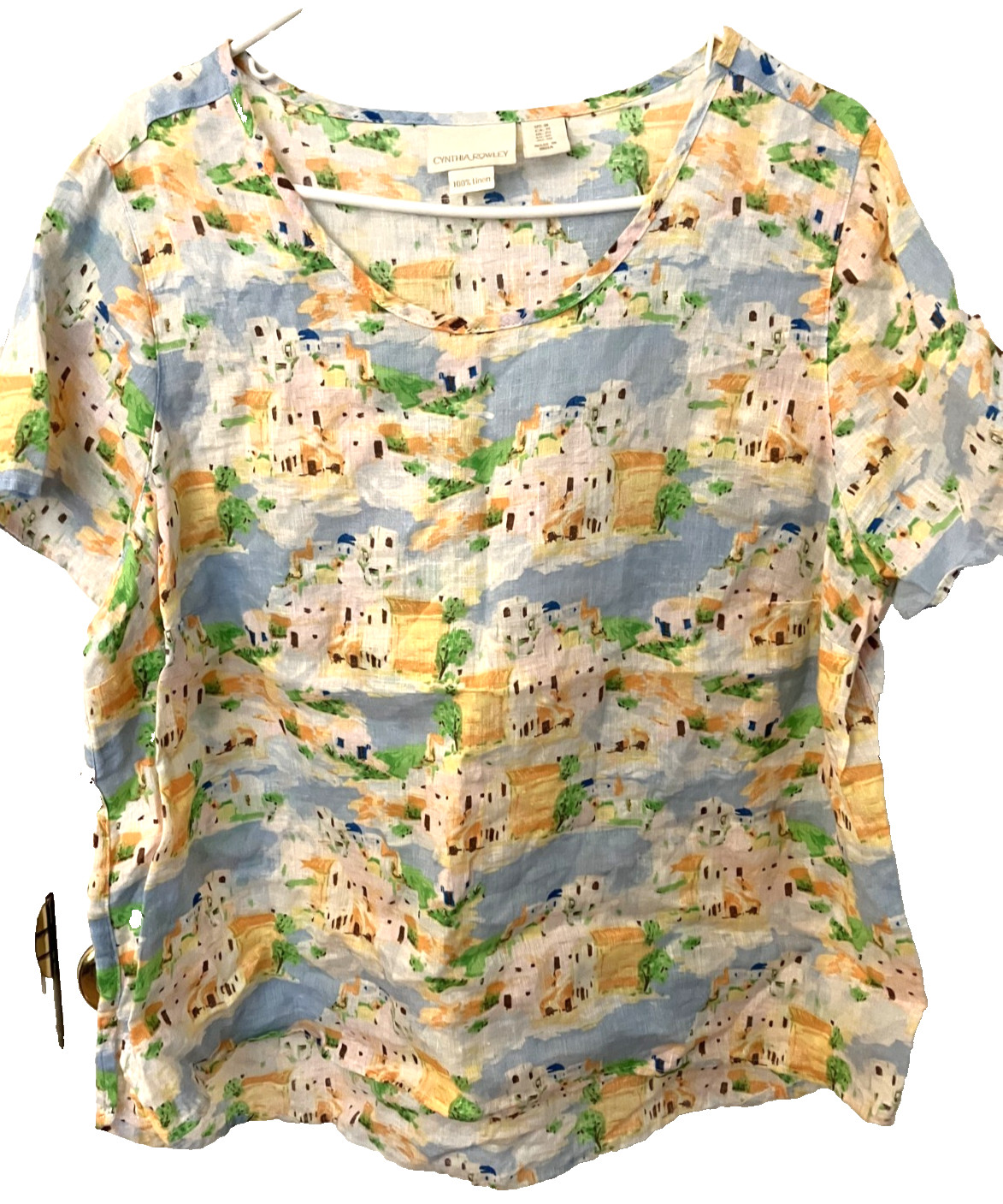Cynthia Rowley 100% Linen Print Top Size 1X Blue Gold Multi