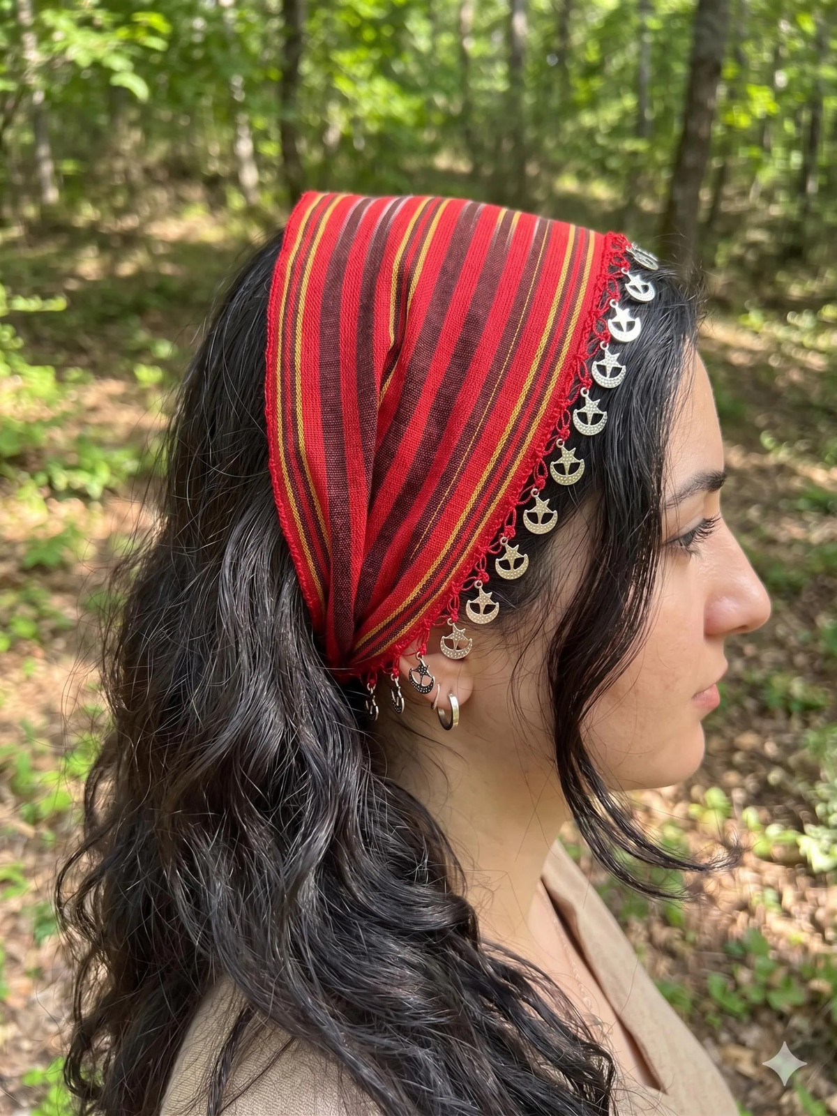 Turkish Keşan Cotton Bandana with Crescent Star Boho Hairband Handmade Unique