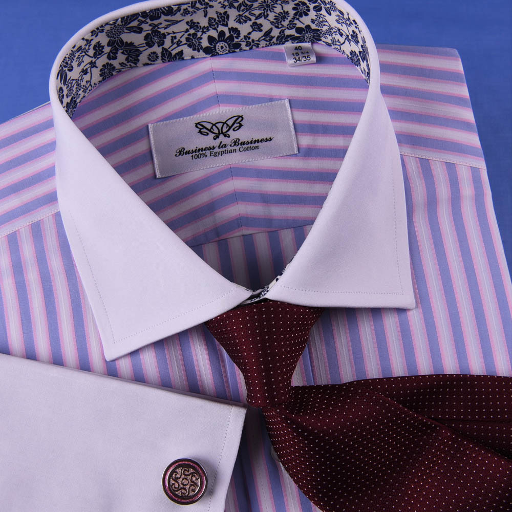 Pastel Multi-Colored Striped Dress Shirt White Poplin Contrast Cuff Business Top