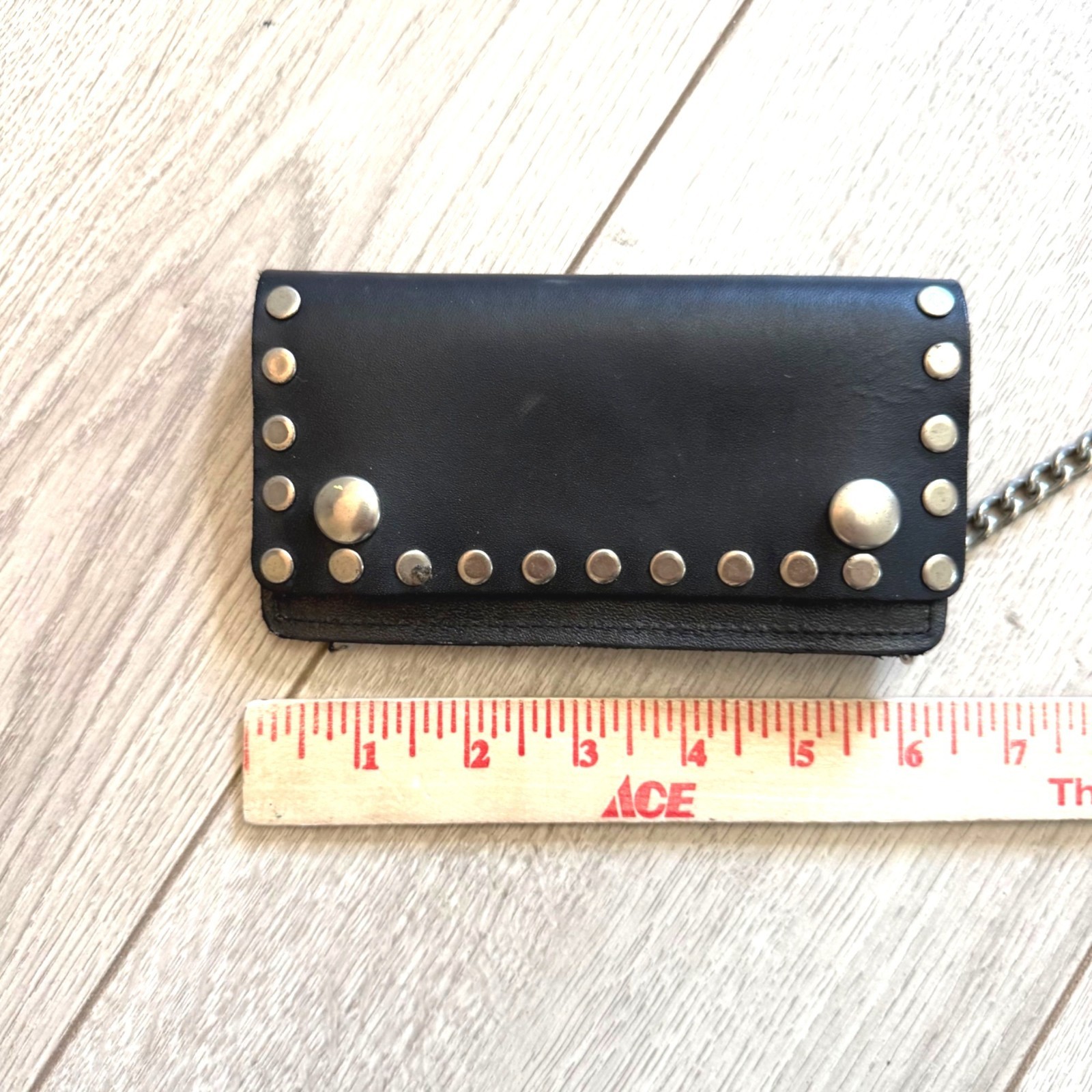 Men’s Leather Wallet Black Rivet Studded Chain Tri-fold Motorcycle Biker Edgy
