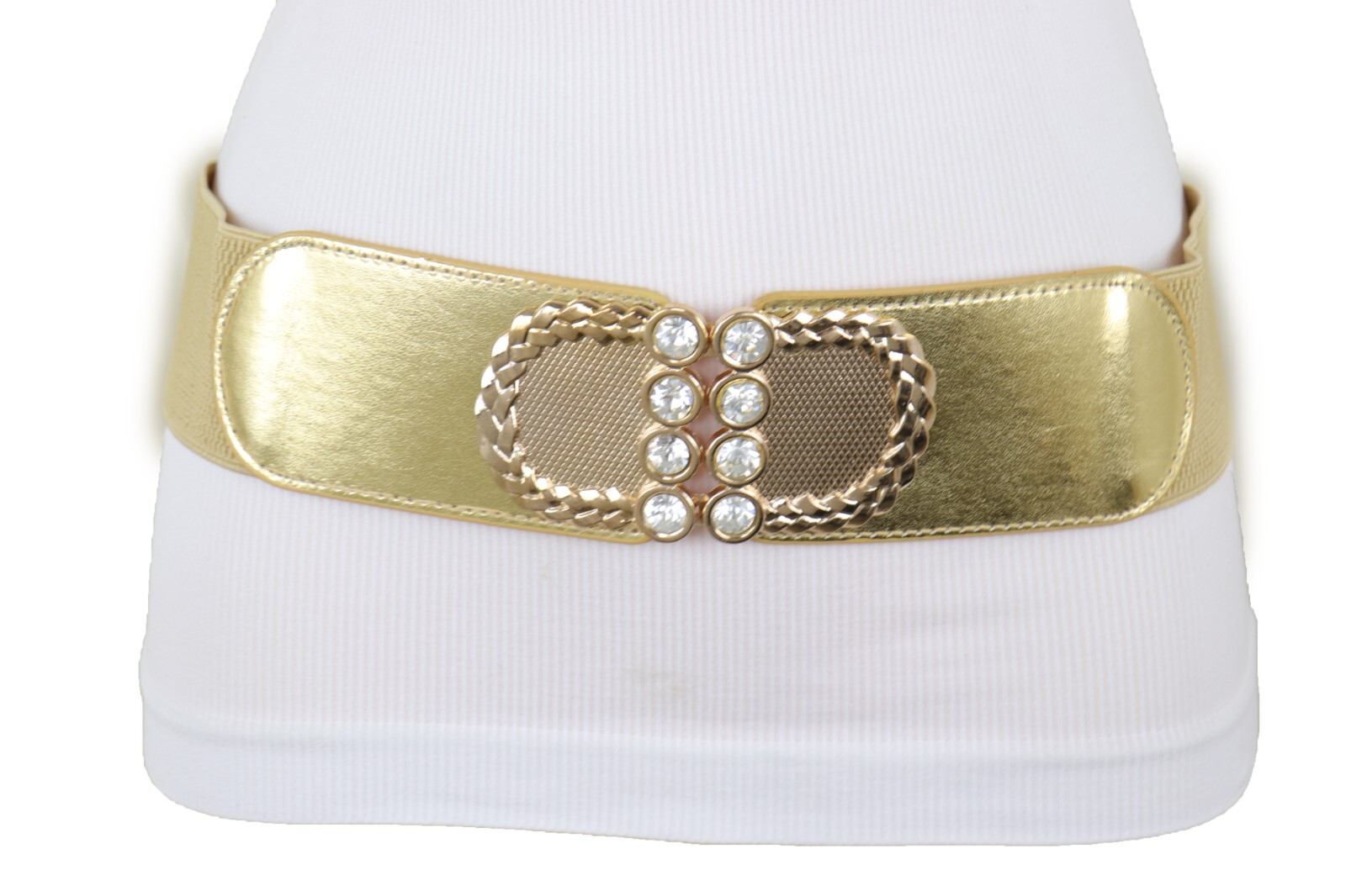 Women Gold Color Elastic Waistband Fabric Strap Fashion Belt Metal Buckle S M