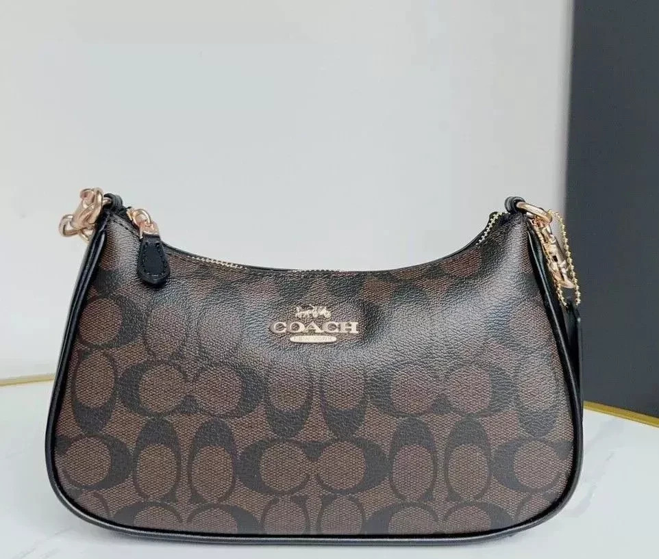 NWT COACH CA548 Teri Shoulder Bag In Signature Canvas Gold/Black Free Shipping