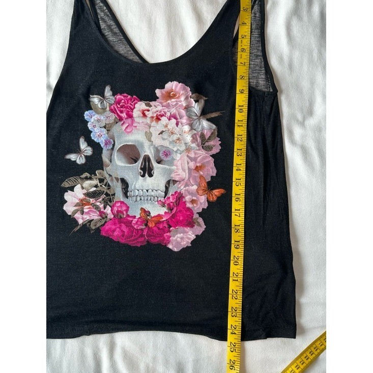 Black Y2K Grunge Emo Floral Skull Print Graphic Tank Top Size 6