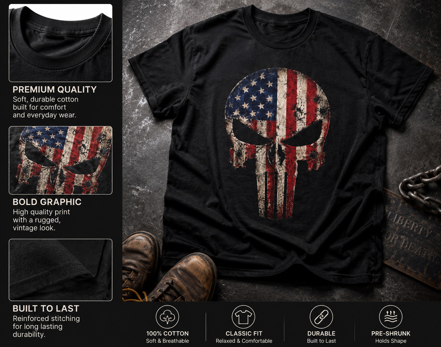 Mens American Flag Skull Punisher Style T Shirt Patriotic Tee Black