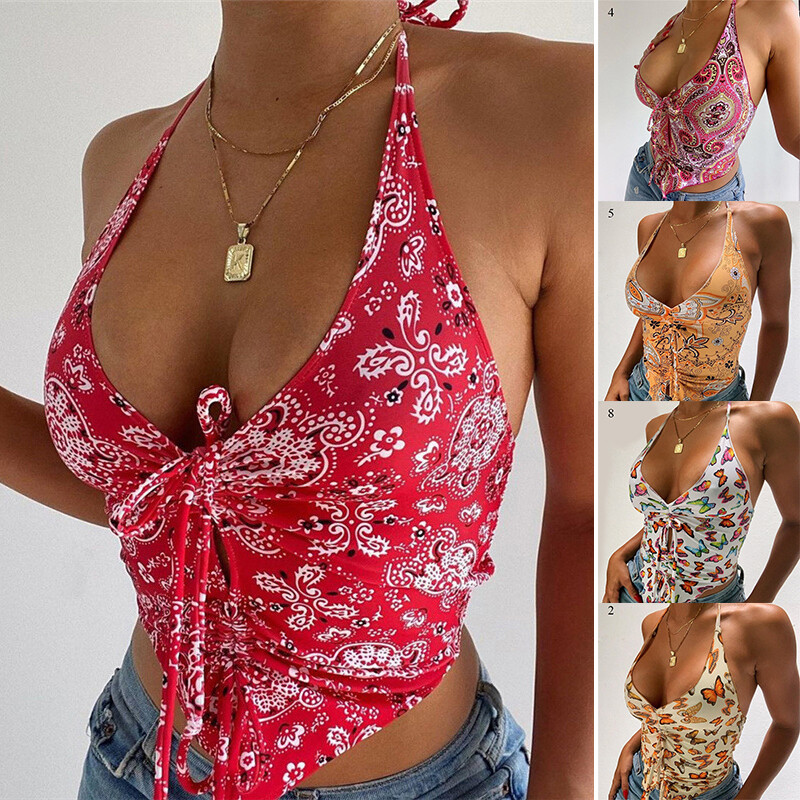 Summer New Women Halter Sexy Low-Cut Fashion Print Slim Tank Top Camisole Vest