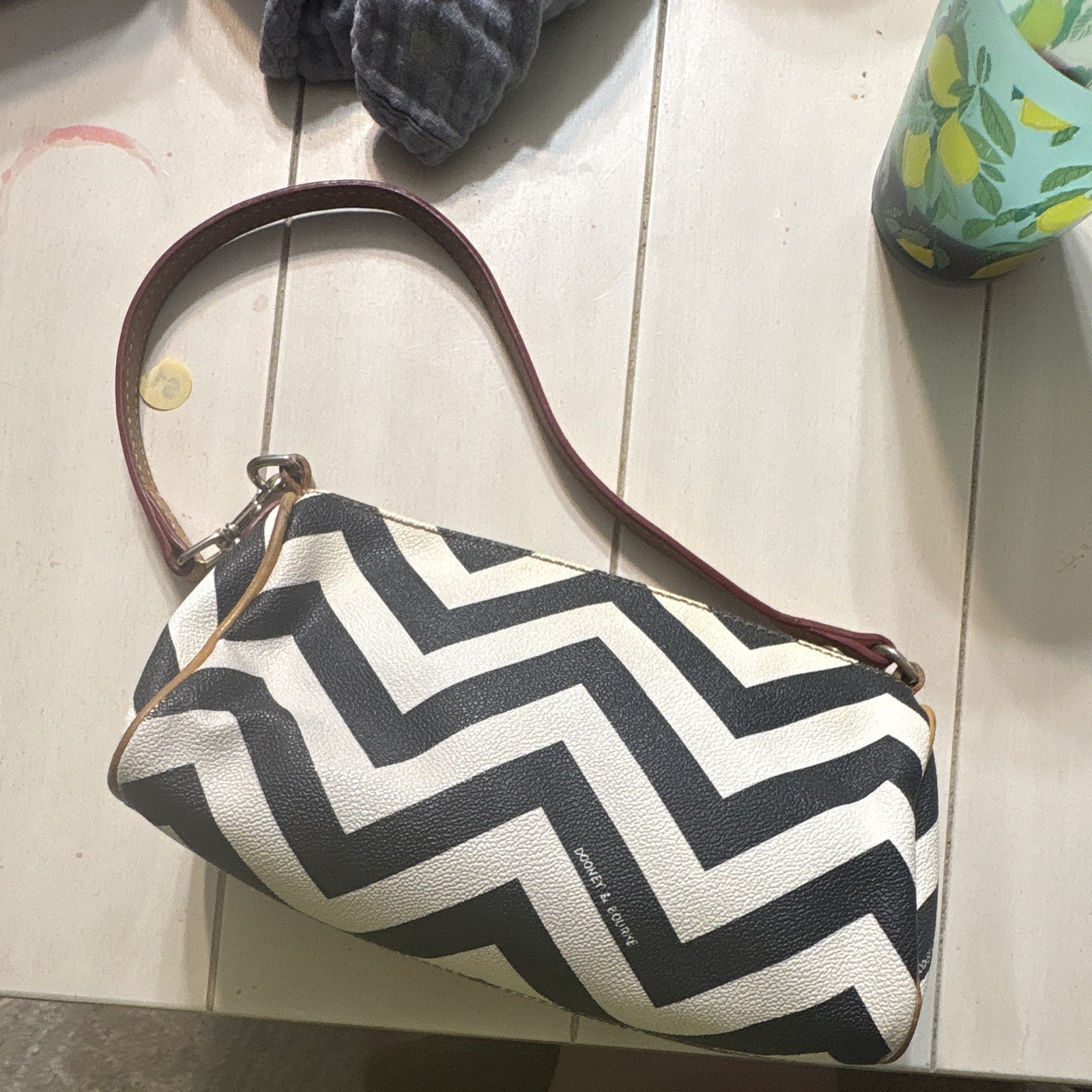 Dooney & Bourke Black/White Chevron Medium Shoulder Bag Zip, Detachable Strap