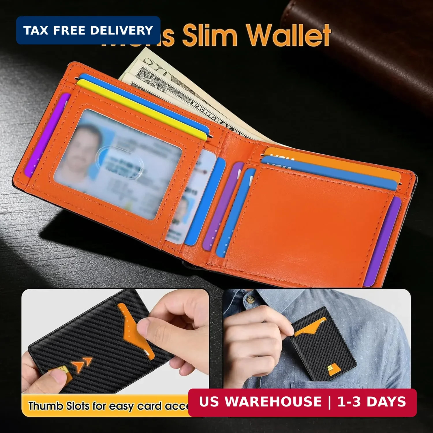Men’s Slim Carbon Fiber Wallet RFID Blocking Thin Bifold Card Holder 10+ Cards