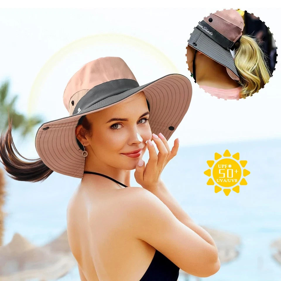 Women’s Summer Bucket Hat Travel Boonie Ponytail Wide Brim Sun UV Protection Cap