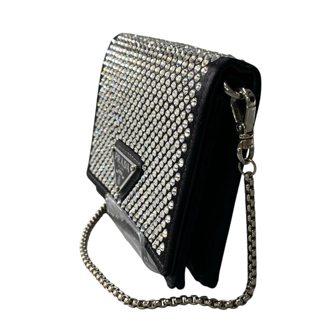 PRADA Rhinestone Flap Card Holder Mini Bag Black Silver ta1