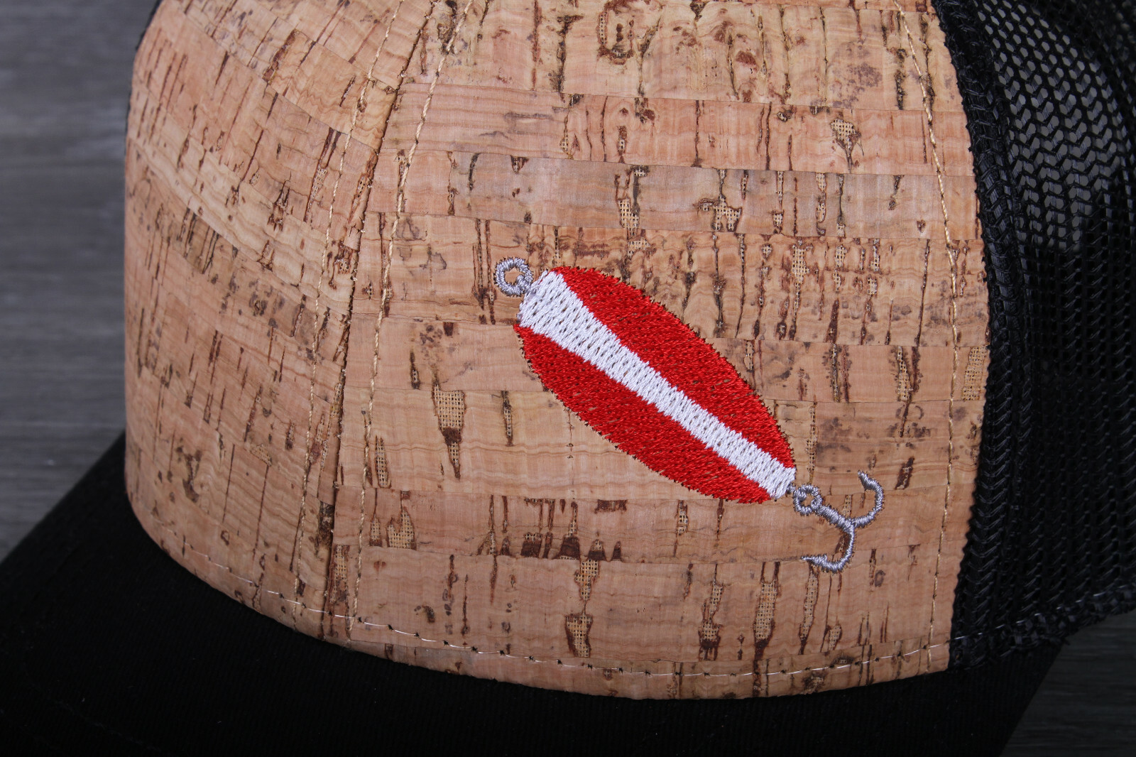 Fishing Lure Embroidered on an Otto 6 Panel Cork Mesh Back Hat