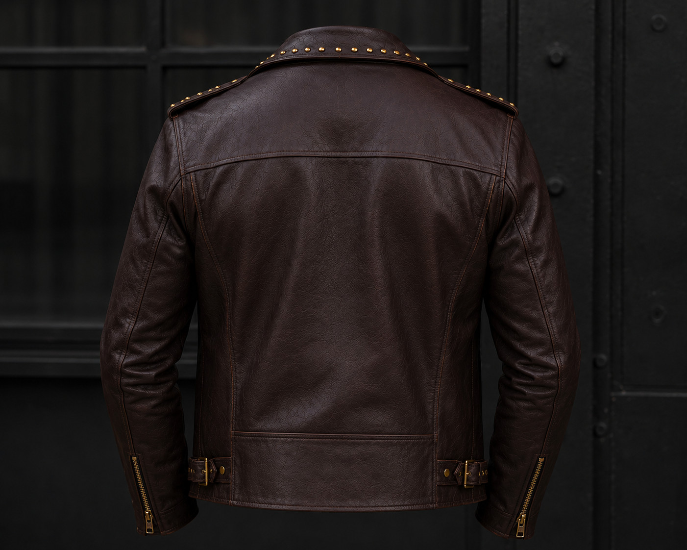 Men’s Brown Studded Leather Biker Jacket – Moto Slim Fit – Punk Rock Zip Up Coat