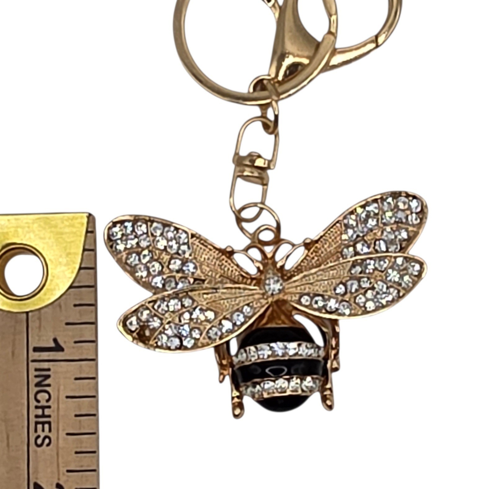 Rhinestone Bee Key Chain Keyring Bag Charm Gold Tone Black Clear