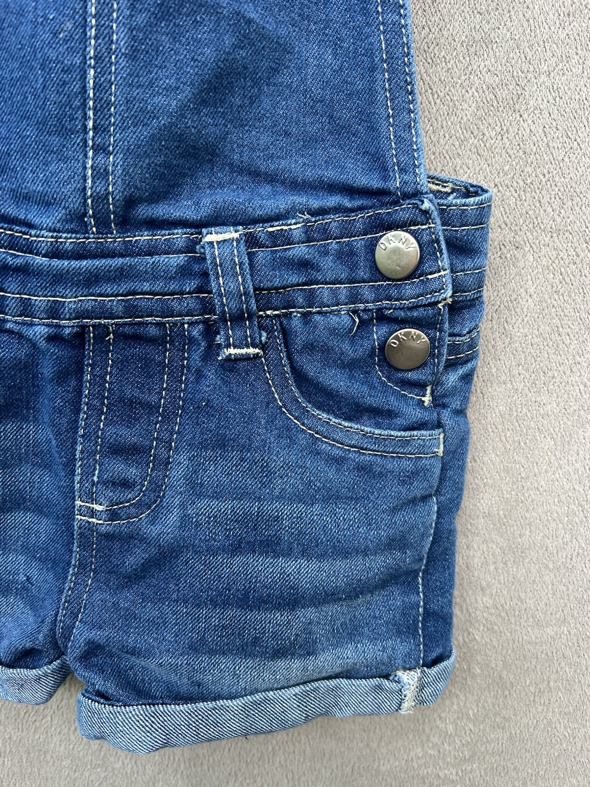 DKNY Baby Denim Shortalls Overalls Size 24M Blue Jean Pink Stripe Adjustable Leg