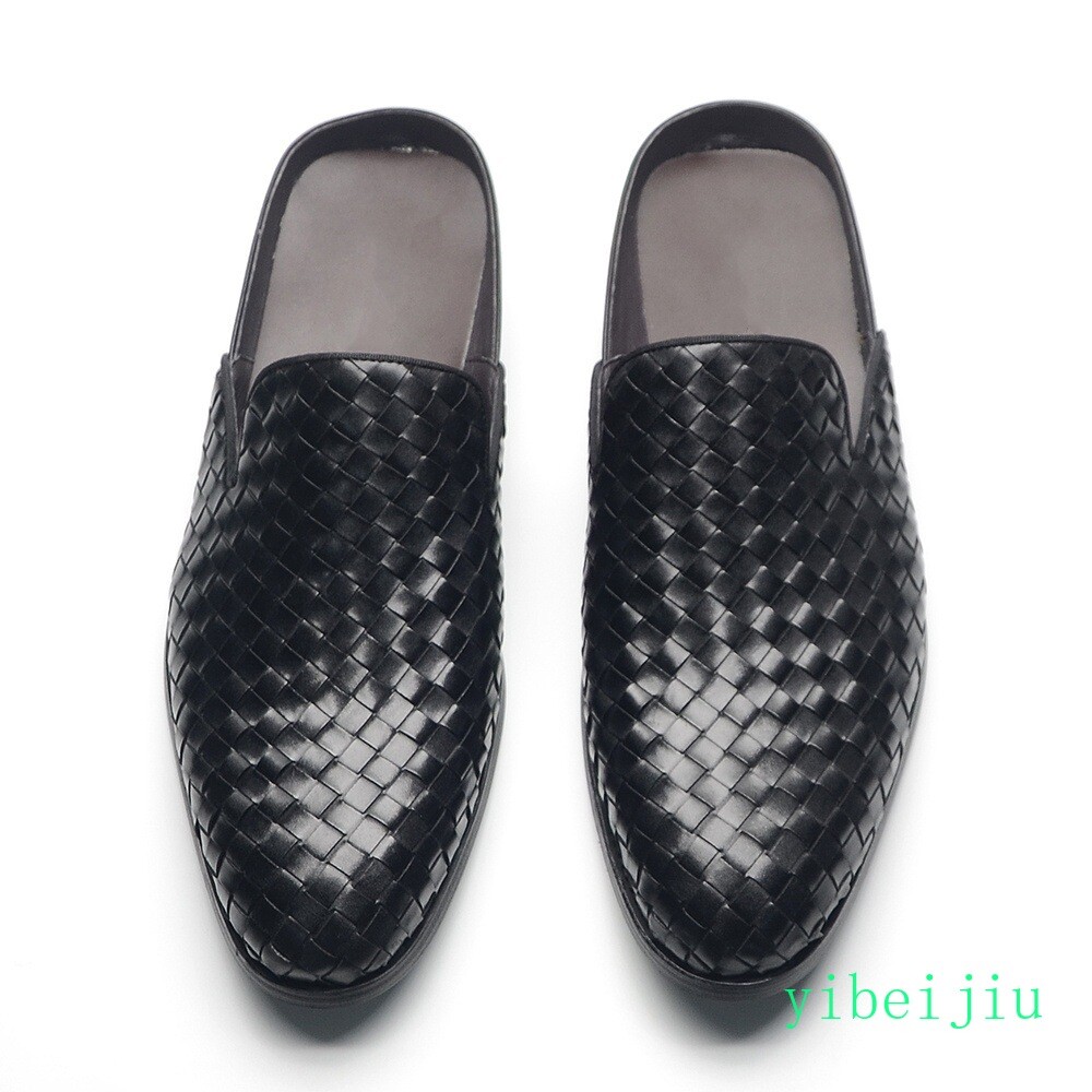 2026 Mens Real Leather Weave Woven Slipper Dress Slide Shoes Slip On Sandals Man